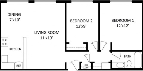 Floor plan for 2 beds, 1 bath, 810 sqft